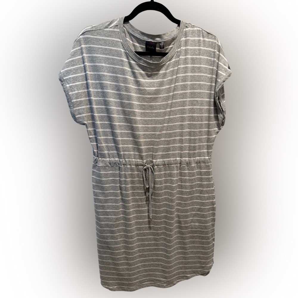 Rafaella Short Sleeve Drawstring Waist Dress grey/white stripe, size XL, pockets